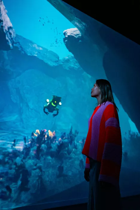 Women looking at ocean exhibition