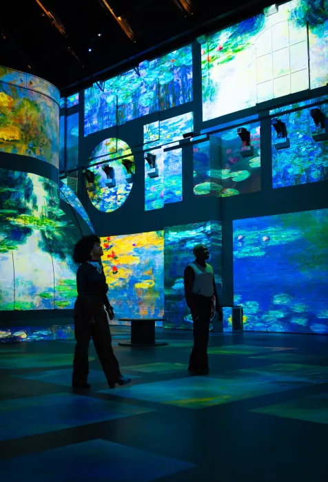 waterlilies immersive art Amsterdam two people walking blue